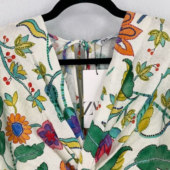 NWT Zara Multicolor Floral Linen Blend 3/4 Sleeves Knotted Maxi Dress Size XS - Picture 7 of 13